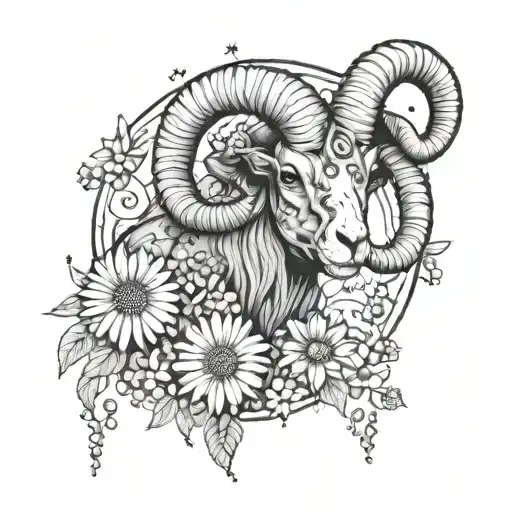 Aries ram constellation intertwined with daisies and sweet peas tattoo design idea