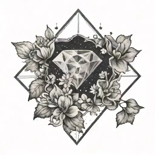 A dotwork tattoo of a diamond surrounded by daisies and sweet peas, with the Aries constellation shining brightly above tattoo design idea