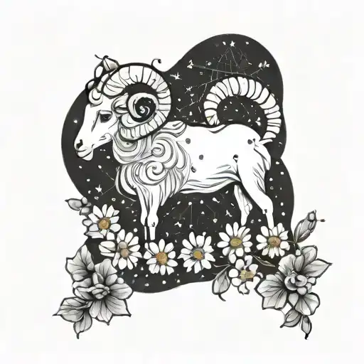 A constellation tattoo of the ram zodiac sign intertwined with daisy and sweet pea flowers tattoo design idea