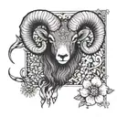 A stylized blackwork tattoo of a ram intertwined with daisies and sweet peas, with the Aries constellation incorporated  tattoo design idea