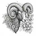 A stylized blackwork tattoo of a ram intertwined with daisies and sweet peas, with the Aries constellation incorporated  tattoo design idea