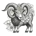 A stylized blackwork tattoo of a ram intertwined with daisies and sweet peas, with the Aries constellation incorporated  tattoo design idea