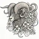 A stylized blackwork tattoo of a ram intertwined with daisies and sweet peas, with the Aries constellation incorporated  tattoo design idea