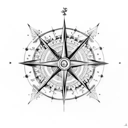 An intricate tattoo design of a compass and a Sagittarius constellation intertwined with elegant floral elements tattoo design idea