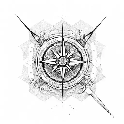 An intricate tattoo design of a compass and a Sagittarius constellation intertwined with elegant floral elements tattoo design idea