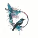 Dark circle with crows on the edges and an eye in the middle of it, the background should be filled with starts  tattoo design idea