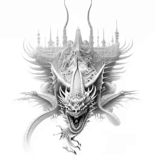 Dragon and Zdzislaw Beksinski art tattoo design idea