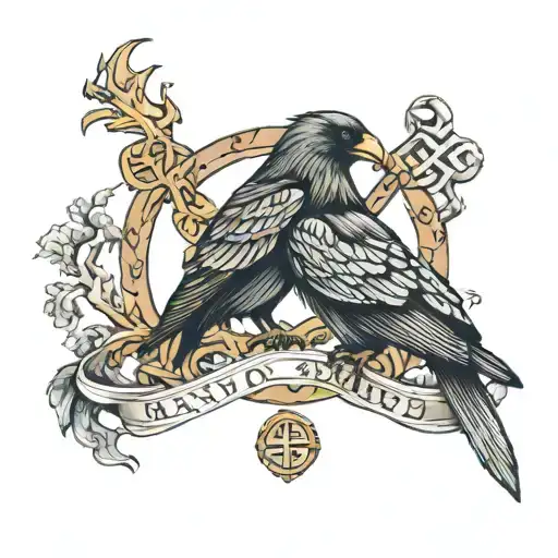 CREATE A NORDIC TATTOO WITH RUNES WITH THE TRE OF LIFE AS WELL AS THE 2 ODIN RAVENS tattoo design idea