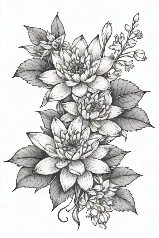 water lily and larkspur bouquet  tied together tattoo design idea