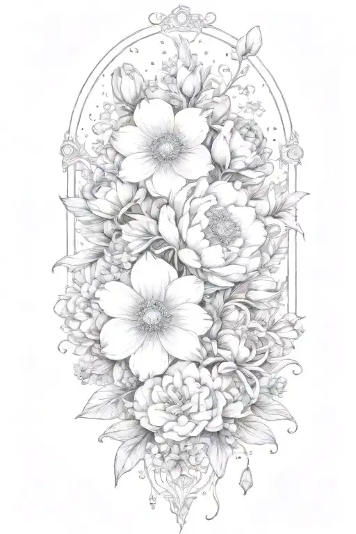cosmos, narcissuses, and peonies, gothic, romantic  tattoo design idea