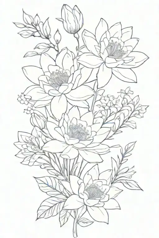 water lily and larkspur bouquet tied together   tattoo design idea