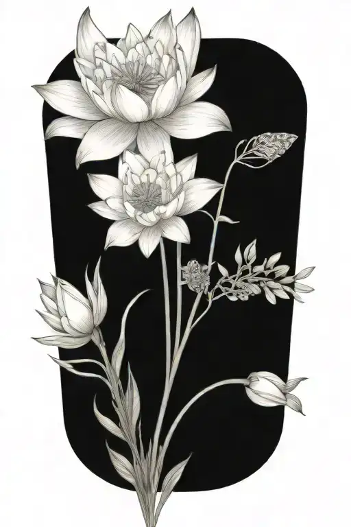 water lily and larkspur bouquet tied together   tattoo design idea