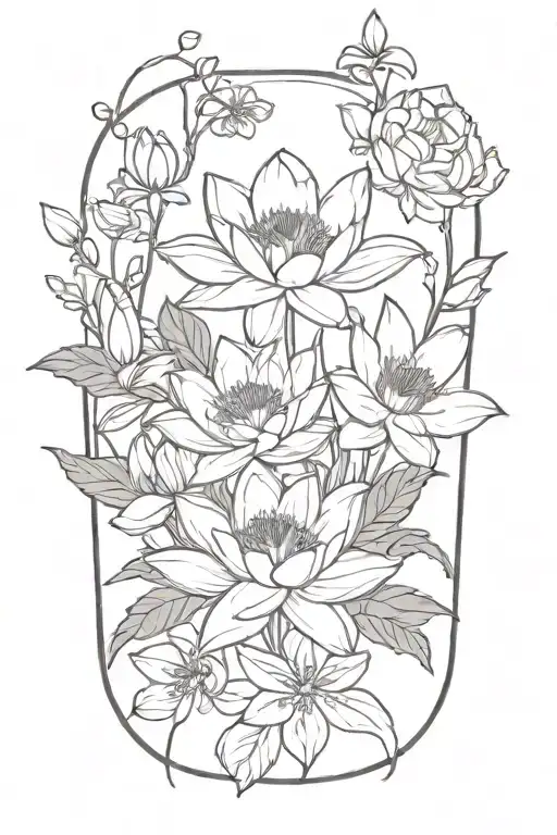 water lily and larkspur bouquet tied together   tattoo design idea