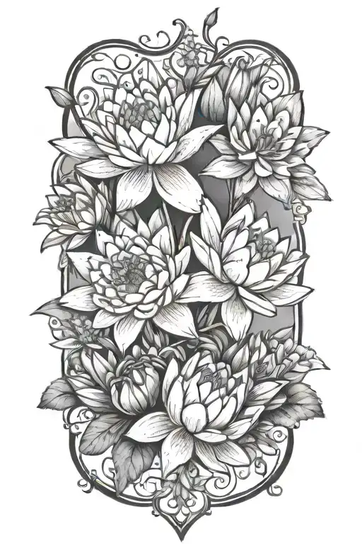 water lily and larkspur bouquet tied together   tattoo design idea