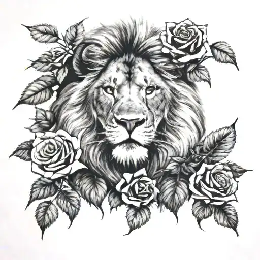 Realistic black and white tattoo of a lion hiding behind a rose bush with 3 roses 1 white 1 red and 1 purple  tattoo design idea