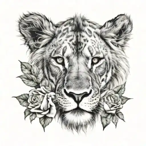 lion hiding behind a rose bush tattoo design idea