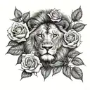 Realistic black and white tattoo of a lion peeking through a rose bush with 3 roses 1 white 1 red and 1 purple  tattoo design idea