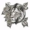 Realistic black and white tattoo of a lion peeking through a rose bush with 3 roses 1 white 1 red and 1 purple  tattoo design idea