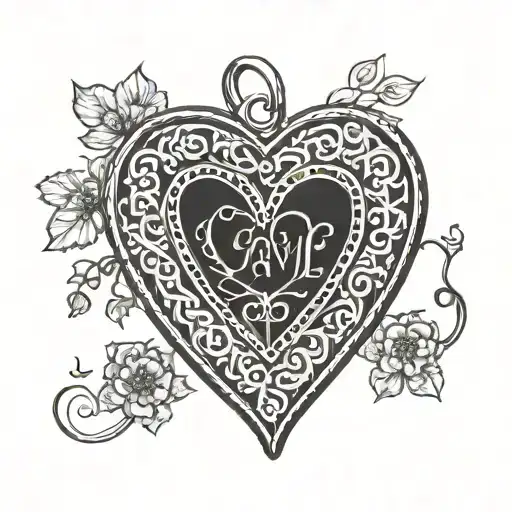 A minimalist blackwork design of a heart-shaped locket with the names Albert and Carol engraved on it, symbolizing love and remembrance tattoo design idea