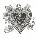 A minimalist blackwork design of a heart-shaped locket with the names Albert and Carol engraved on it, symbolizing love and remembrance tattoo design idea