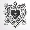 A minimalist blackwork design of a heart-shaped locket with the names Albert and Carol engraved on it, symbolizing love and remembrance tattoo design idea