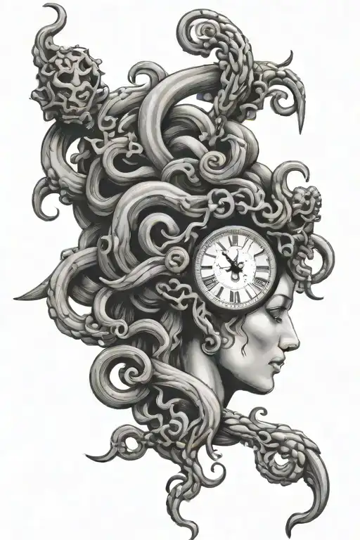 medusa and broken clock tattoo design idea