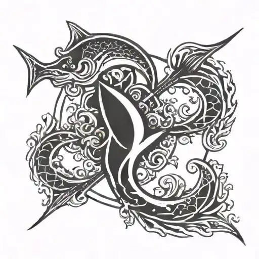 make a Pisces tattoo with a trident in between black in colour, on the chest, 2.5 square inches in size  tattoo design idea