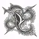 make a Pisces tattoo with a trident in between black in colour, on the chest, 2.5 square inches in size  tattoo design idea