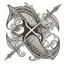 make a Pisces tattoo with a trident in between black in colour, on the chest, 2.5 square inches in size  tattoo design idea