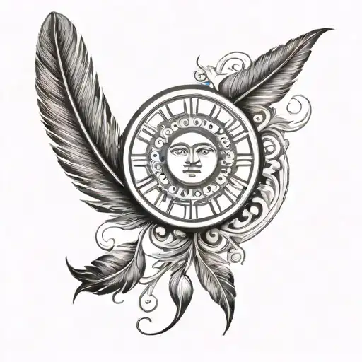 Greek sun with a feather floating down in front of it  tattoo design idea