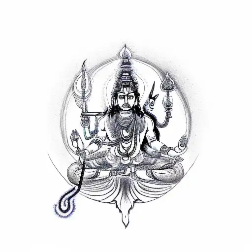 A detailed illustration of Shiva meditating with Mahamruntajaya mantra as a arm band tattoo design idea
