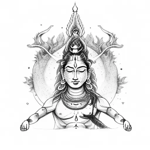 A detailed illustration of Shiva meditating in a serene forest setting, surrounded by hiking trails tattoo design idea