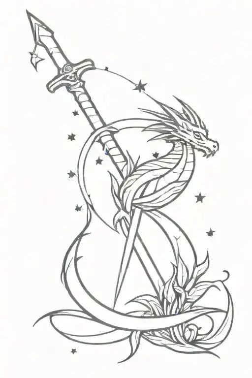 tattoo with dragon, sword, wriggling plant and stars tattoo design idea