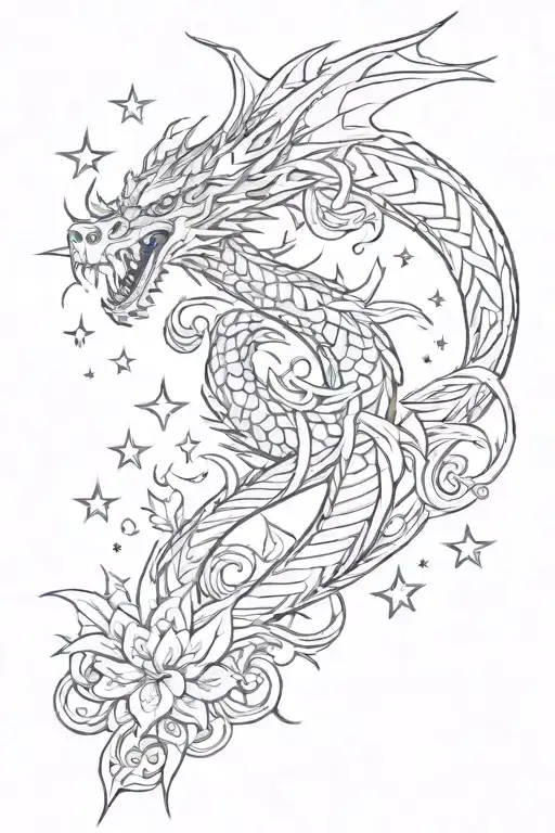 tattoo with dragon, sword, twisting plant and stars. image directed upwards tattoo design idea