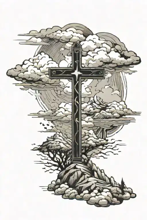 religious cross  with clouds and mountains surrounding tattoo design idea