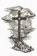 religious cross  with clouds and mountains surrounding tattoo design idea