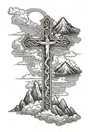 religious cross  with clouds and mountains surrounding tattoo design idea