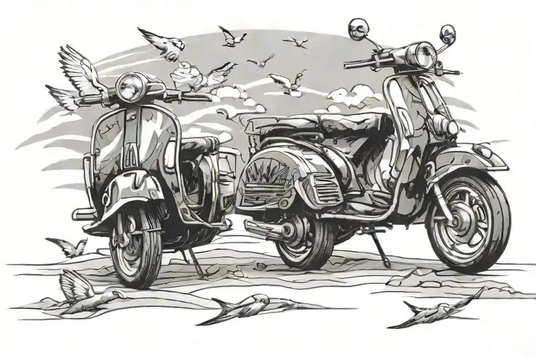 4x swift birds flying across beach with vespa parked nearby tattoo design idea