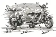 4x swift birds flying across beach with vespa parked nearby tattoo design idea