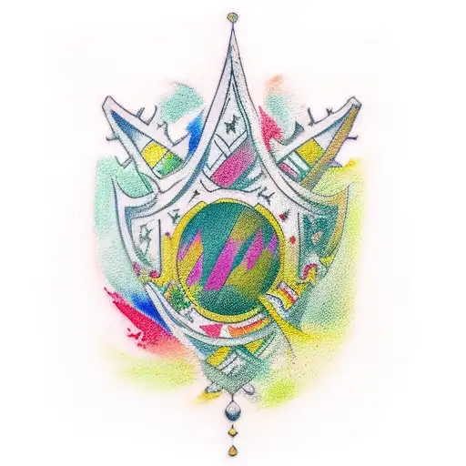 An abstract representation of a pawn becoming a king in a mirror, with a backdrop of watercolor in green, yellow, and red tattoo design idea