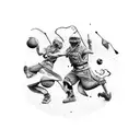 A group of friends playing different sports together, showcasing camaraderie and teamwork tattoo design idea