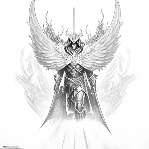 Tyrael from Diablo 3 in a solemn pose, kneeling over a fallen civilian with outstretched wings made of feathers tattoo design idea