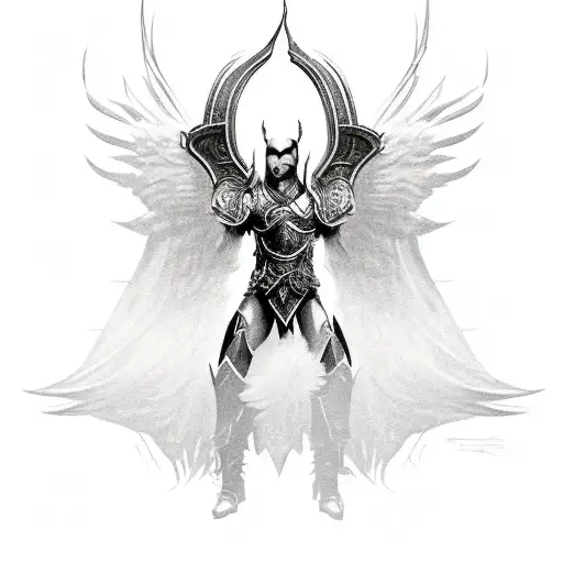 Tyreal from diablo 3 kneeling over a fallen civilian with outstretched wings made of feathers tattoo design idea