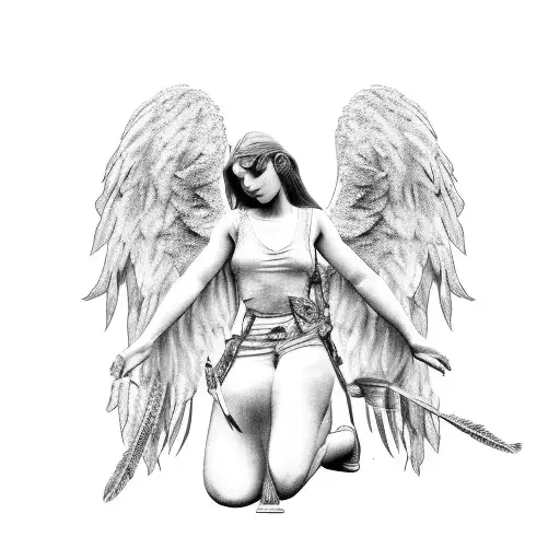 Angel in a solemn pose, kneeling over a fallen civilian with outstretched wings made of feathers tattoo design idea