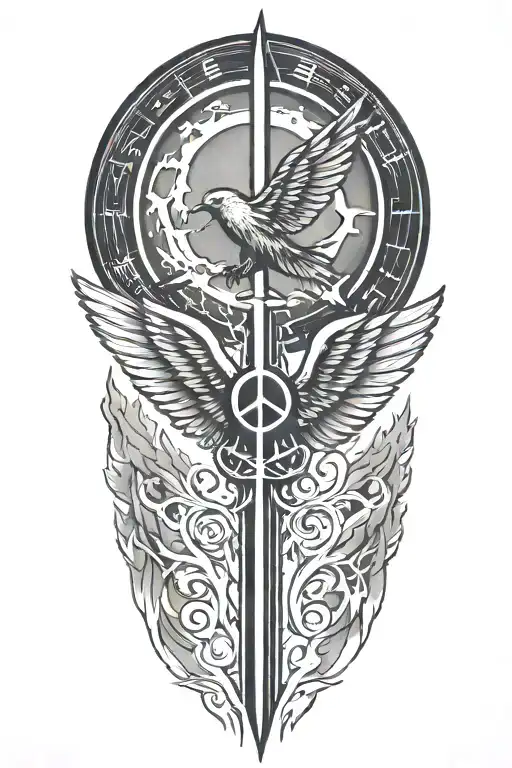 peace and lightining storm and time and wings tattoo design idea