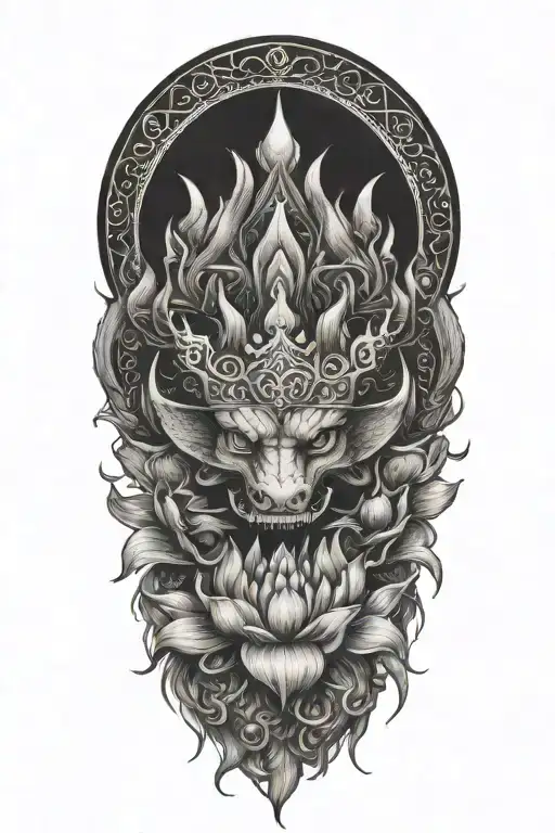 crown, lotus flowers, dragon, alchemy tattoo design idea