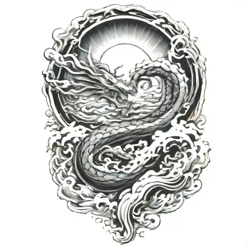 clouds and waves and peace and lighting and dragon tattoo design idea