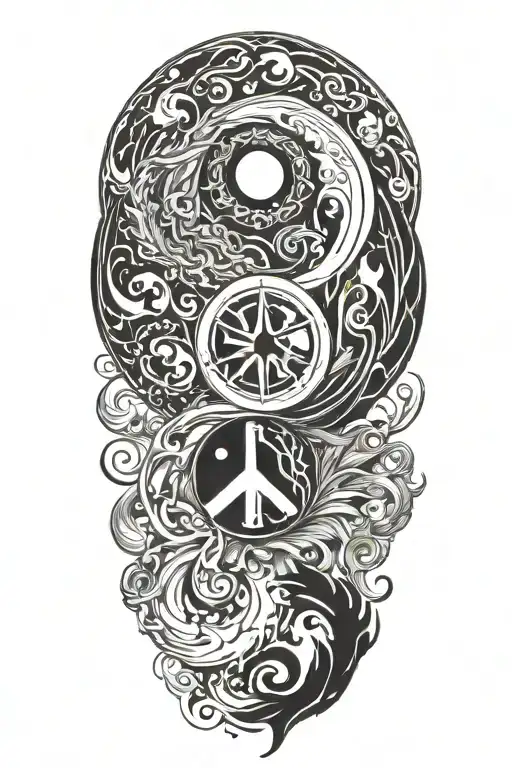 ying yang, peace, fire flames tattoo design idea