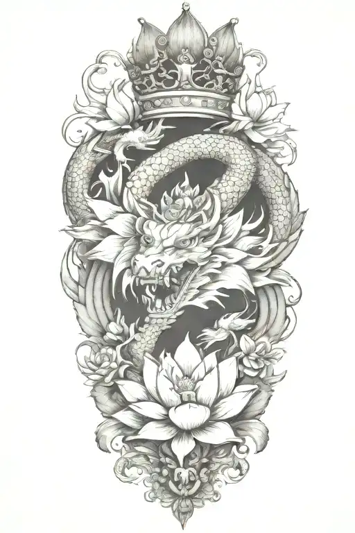 crown with lotus flowers and dragon tattoo design idea