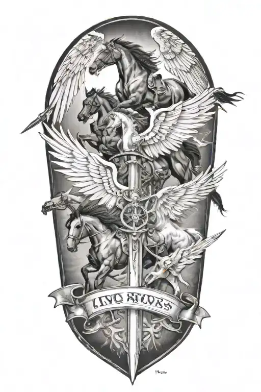 some wings, horses, swords tattoo design idea